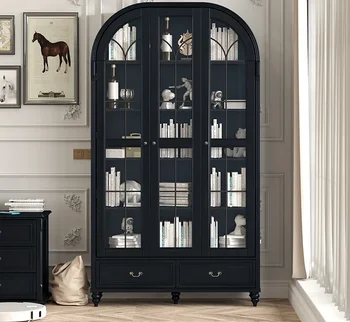 Сводеста библиотека със стъклена врата Масивна дървена ретро библиотека Всекидневна срещу стената Домакинска прахоустойчива черна библиотека