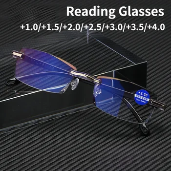 Квадратни очила за четене без рамки за мъже Дамски анти синя светлина Компютърни очила Далечно виждане Очила за четене на пресбиопия Жени