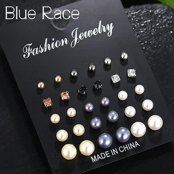Blue Race 15 двойки Faux Pearl Crystal Rhinestone Геометрични обеци Stud комплект за жени мода прости кръгли обеци бижута