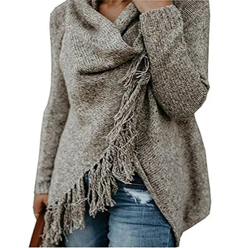 Жените дълги ресни плетено яке пуловер хлабав палто пискюли дълъг ръкав шал яка жилетка снаждане връхни върхове 20182
