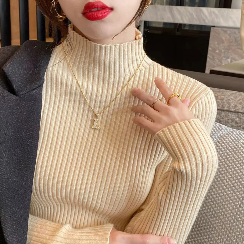 корейски шик пуловер плътен цвят прости върхове мода трикотажни поло пуловер жени случайни дълъг ръкав тънък годни дрехи 292890