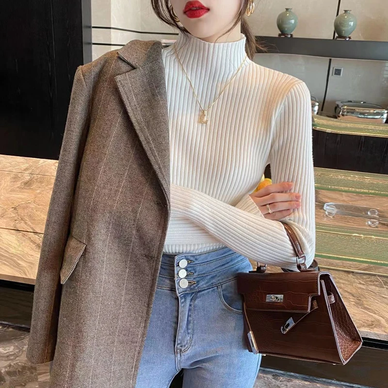 корейски шик пуловер плътен цвят прости върхове мода трикотажни поло пуловер жени случайни дълъг ръкав тънък годни дрехи 292891