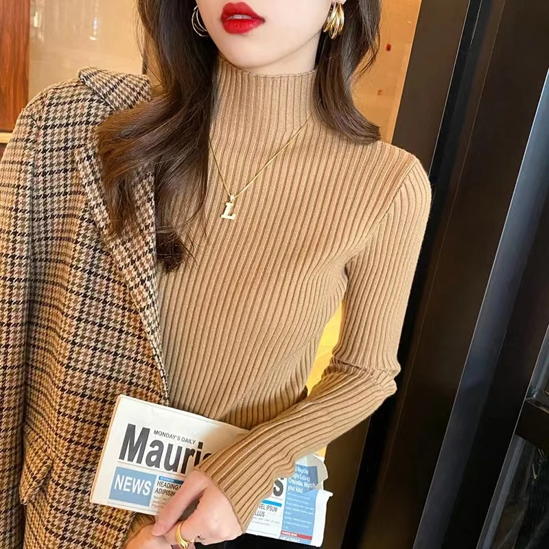 корейски шик пуловер плътен цвят прости върхове мода трикотажни поло пуловер жени случайни дълъг ръкав тънък годни дрехи 292892