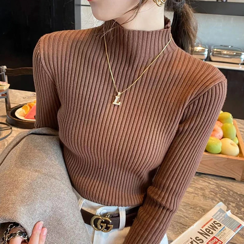корейски шик пуловер плътен цвят прости върхове мода трикотажни поло пуловер жени случайни дълъг ръкав тънък годни дрехи 292893