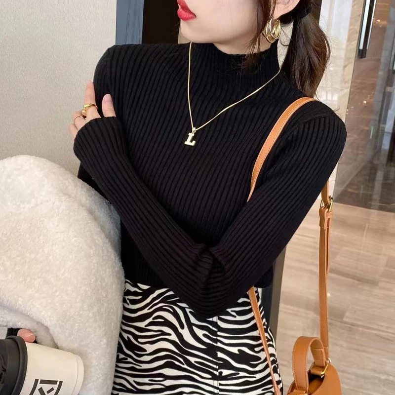 корейски шик пуловер плътен цвят прости върхове мода трикотажни поло пуловер жени случайни дълъг ръкав тънък годни дрехи 292894