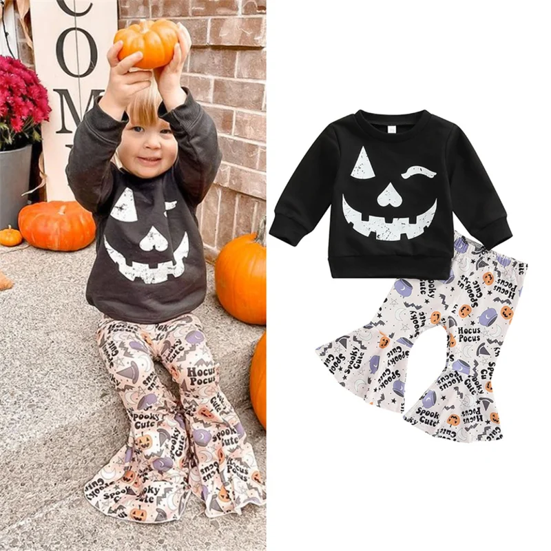 Бебе малко дете момиче Хелоуин облекло комплект ужас усмивка лицето печат суитчър с карикатура модел писмо печат разкроени панталони0
