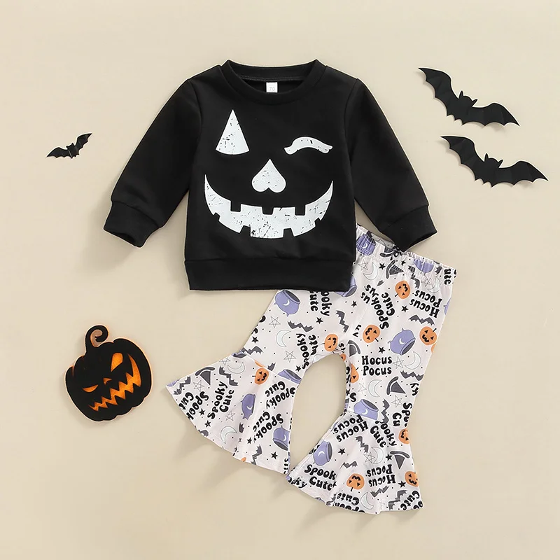 Бебе малко дете момиче Хелоуин облекло комплект ужас усмивка лицето печат суитчър с карикатура модел писмо печат разкроени панталони1