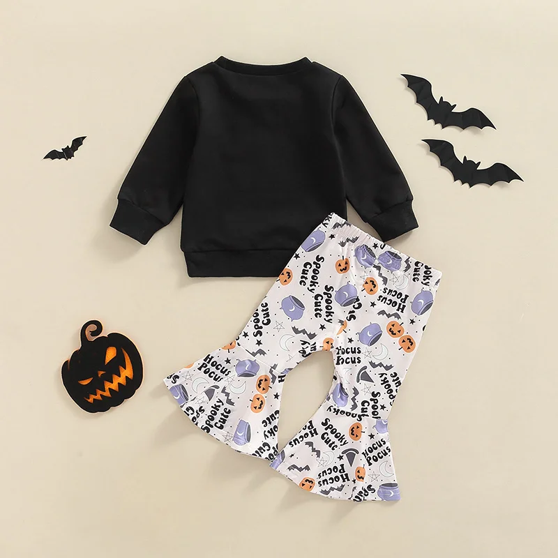 Бебе малко дете момиче Хелоуин облекло комплект ужас усмивка лицето печат суитчър с карикатура модел писмо печат разкроени панталони5
