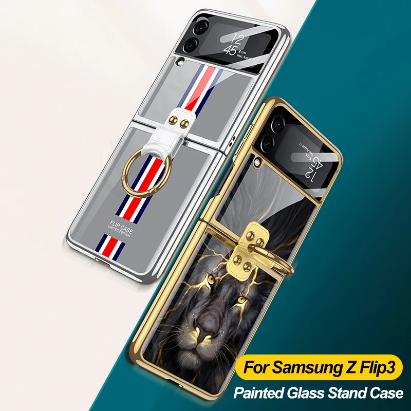 GKK Боядисан калъф от закалено стъкло за Samsung Galaxy Z Flip 3 Case Всички включени галванични рамки Твърд капак за Galaxy Z Flip30