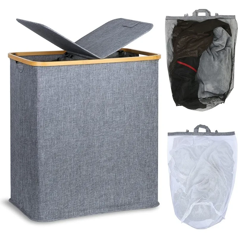 Подвижни чанти, 2 секционна кошница за мръсни дрехи с дръжки за баня, спалня и перално помещение, 140L синьо-сиво0