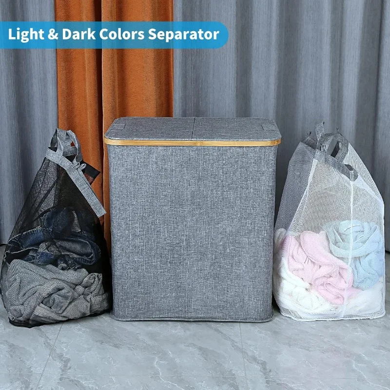 Подвижни чанти, 2 секционна кошница за мръсни дрехи с дръжки за баня, спалня и перално помещение, 140L синьо-сиво2