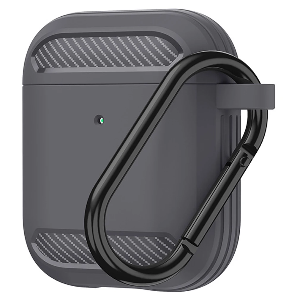 Калъфи за слушалки от въглеродни влакна за Apple AirPods 2 1 Сладък калъф Soft TPU Shell Shockproof Cover с ключодържател, сив0