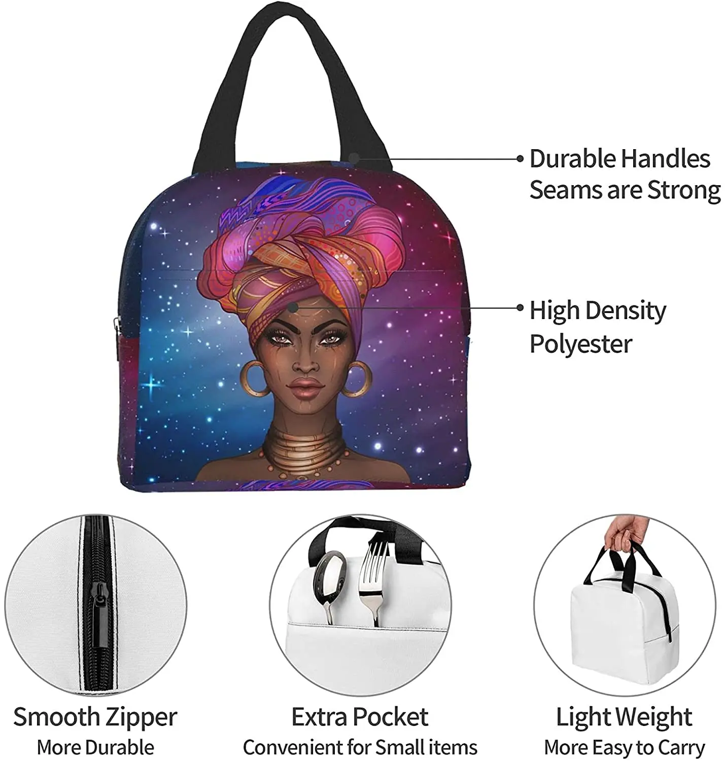 афро-американска жена Звездна галактика фон обяд чанта компактен голяма пазарска чанта за многократна употреба обяд кутия контейнер за жени мъже3