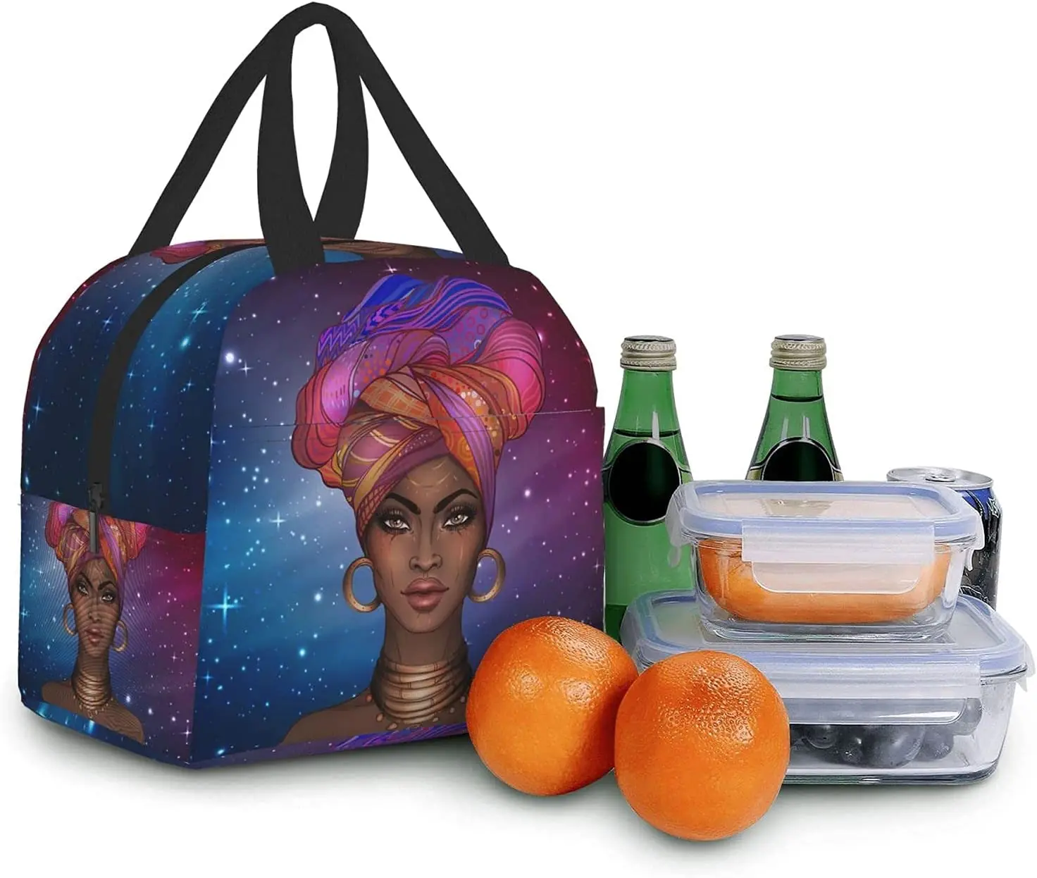 афро-американска жена Звездна галактика фон обяд чанта компактен голяма пазарска чанта за многократна употреба обяд кутия контейнер за жени мъже4