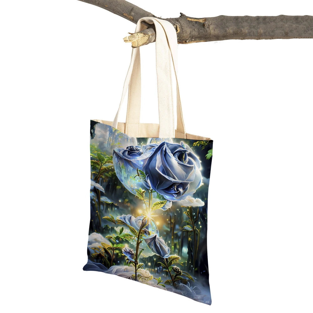 Rose пейзаж деца мъкна дама чанта купувач чанти за многократна употреба карикатура растение цвете двете едностранно случайни платно жени пазарска чанта0