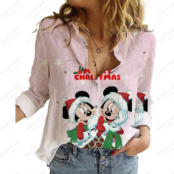 Disney КоледаПролет и есен Нов дълъг ръкав Дамска мода печатни върхове дълъг ръкав Blous случайни риза