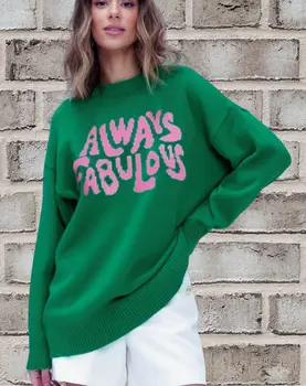 есен зима зелен пуловер жени прост пуловер плета еластичен пуловер случайни дебели PINKY топло Y2k писмо корейски жакард джъмпери