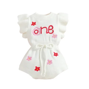 бебе момиче плета гащеризон пуловер писмо флорални бродерия шнур гащеризон за новородено малко дете сладък зимни дрехи