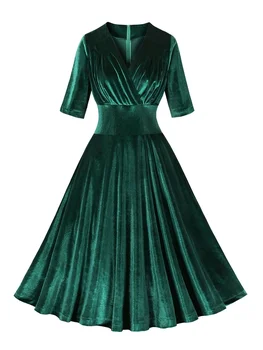 2024 Зелено кадифе елегантни парти рокли за жени Ruched v-образно деколте зимата половин ръкав висока талия реколта коледна люлка рокля 50s