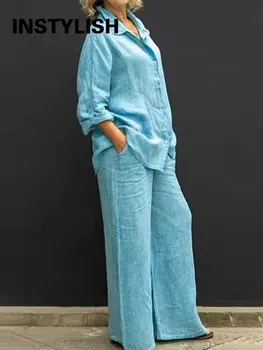Дамски памучни ленени костюми 2023 Елегантна твърда риза с дълъг ръкав Широк панталон за крака Комплект от две части Женски ежедневни прави панталони