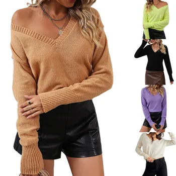 Модни дамски пуловери 2024 Есен Зимни дрехи y2k плътен цвят корейски плета v-образно деколте дълъг ръкав хлабав пуловери улично облекло