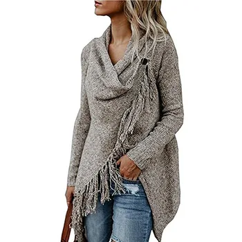 Жените дълги ресни плетено яке пуловер хлабав палто пискюли дълъг ръкав шал яка жилетка снаждане връхни върхове 2018