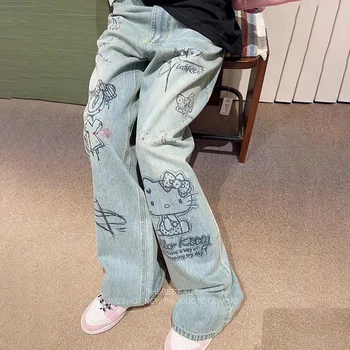 2023 Ново Sanrio Hello Kittys дънки Kawaii аниме прав крак ретро хлабав висока талия универсален широк крак панталони играчки момиче подаръци