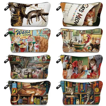 Персонализиран модел живопис с маслени бои Котка отпечатани грим чанта ретро мода жени чанта мода животински графичен съхранение чанта дете молив случаи