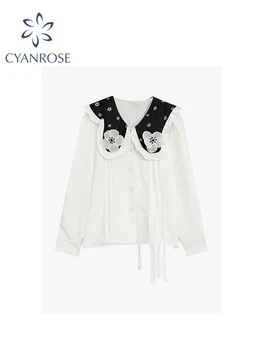 Жени бяла риза и блузи с яка на Питър Пан Корейски елегантен Harajuku мода реколта дълъг ръкав риза Топ дрехи Есен 2023