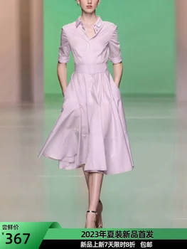 2023 Лятна нова проста средна дължина елегантна светло лилава рокля тип риза