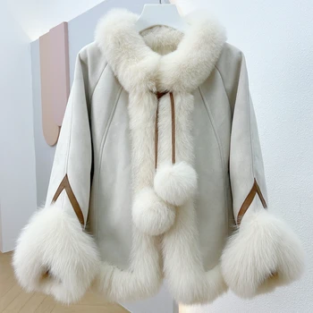 2023 Ново истинско кожено палто Естествена лисица Козина Топло свободно наметало Зимно яке Жени Бяла гъска надолу вътрешна облицовка пълнеж улично облекло