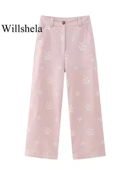 Willshela жените мода розов бродерия фронт цип широк крак панталони реколта висока талия пълна дължина женски шик дама панталони