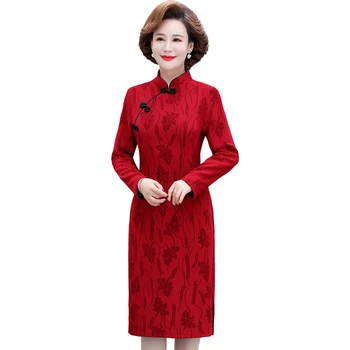 Жени жакард подобрение Cheongsam рокля есен нов висок клас на средна възраст майка елегантна парти рокля