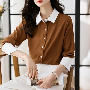 Есен 2023 Нова корейска мода жени шифон риза цвят съвпадение дълъг ръкав офис дама блуза елегантен професия върховете