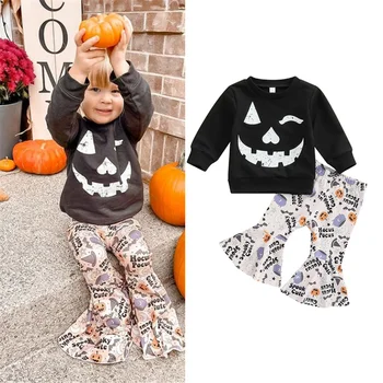 Бебе малко дете момиче Хелоуин облекло комплект ужас усмивка лицето печат суитчър с карикатура модел писмо печат разкроени панталони