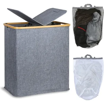 Подвижни чанти, 2 секционна кошница за мръсни дрехи с дръжки за баня, спалня и перално помещение, 140L синьо-сиво