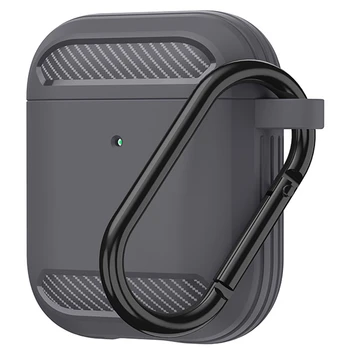 Калъфи за слушалки от въглеродни влакна за Apple AirPods 2 1 Сладък калъф Soft TPU Shell Shockproof Cover с ключодържател, сив