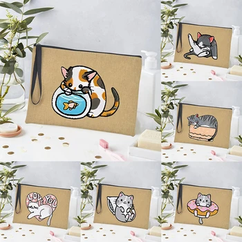 Ленени грим чанти организатор Kawaii котка графичен женски дизайнер козметична чанта илюстрация цип организатор Mujer Bolsa мини чанта