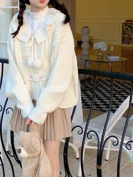 Есен Бели пуловери Kawaii Жени колеж стил бутон дизайнер сладки върхове женски дълъг ръкав превръзка шик случайни жилетка 2022