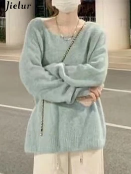 Jielur синьо корейски стил хлабав пуловер плетене меки жени пуловери сладък плътен цвят мода прости случайни женски пуловери