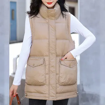 Solid плюс размер без ръкави жилетка яке зимни случайни топло стойка яка жилетка палта дама памук подплатени палто с големи pockts