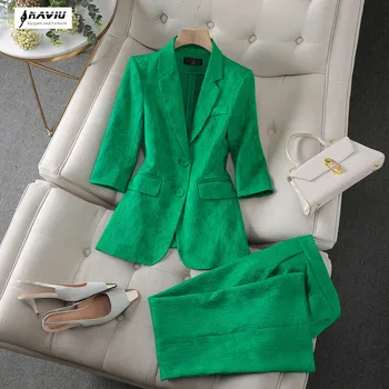 NAVIU Модни костюми зелен висок клас нов пролетен темперамент бизнес тънък блейзър и широки панталони за крака офис дами работно облекло