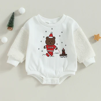 2023 0-2Y Малко дете Бебе Момчета Gilrs суитчър ританки Коледа мечка печат дълъг ръкав гащеризон новородено сладък есенни дрехи