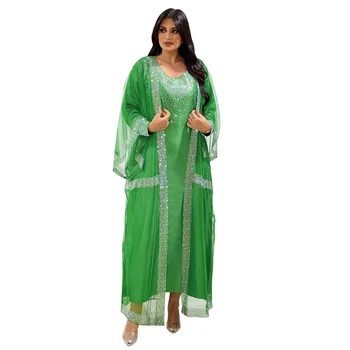 2023 Лятна пролет Мюсюлмански Womem дълъг ръкав O-образно деколте полиестер лилаво зелени диаманти дълъг Abaya костюм мюсюлманска модна рокля