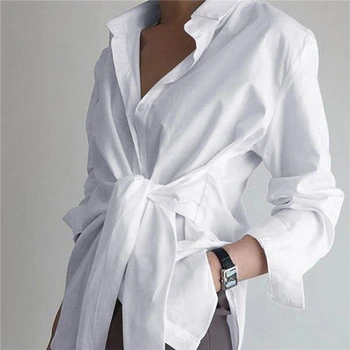 2023 Нова мода блузи Жените дълъг ръкав ревера случайни хлабав ризи пролетта плътен цвят превръзка дрехи елегантен дама върховете