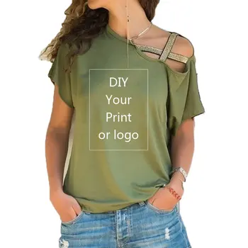 New DIY Your Like Photo или Logo Персонализирана печатна тениска за жени Тениска Femme Irregular Skew Cross Bandage Size S-5XL Top
