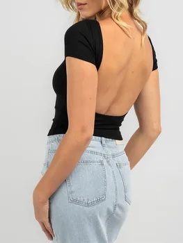 Дамски секси без гръб отгоре Y2K обезмаслено дупе къс ръкав основни върхове лято тънък монтирани бебе тениска блуза улично облекло