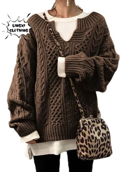 Есен и зима 2023 Дамски пуловер хлабав голям размер топло ретро вятър коноп модел удебелени плета пуловер Y2k дрехи джъмпер